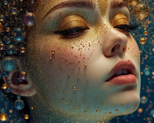 Close-Up of a Woman's Face in Shimmering Bubbles