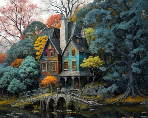 Colorful House by Tranquil Lake in Autumn Landscape