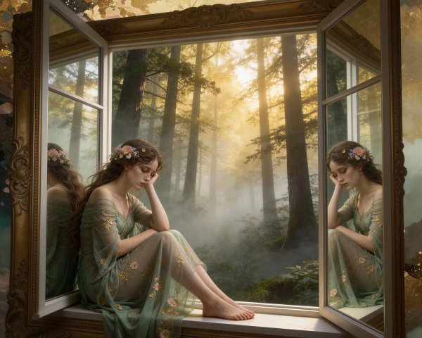 Nymph by Window in Ethereal Green Gown and Forest