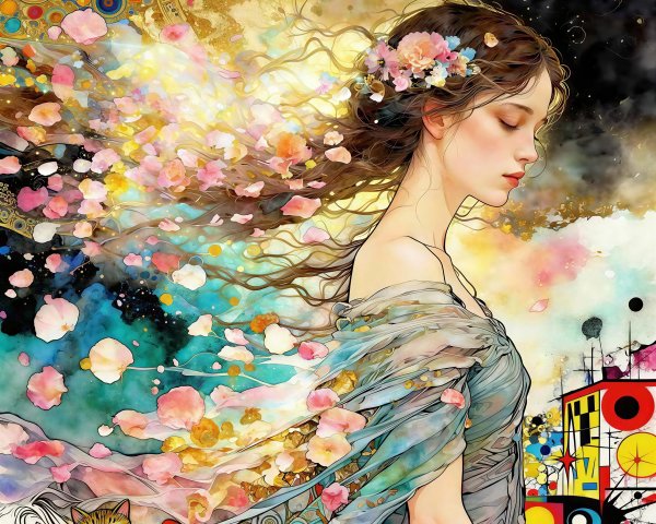 Vibrant Watercolor Painting of a Tranquil Woman