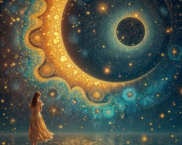 Serene Figure Gazing at Cosmic Scene with Moon and Stars