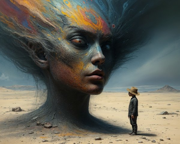 Surreal Landscape with Ethereal Face and Small Figure
