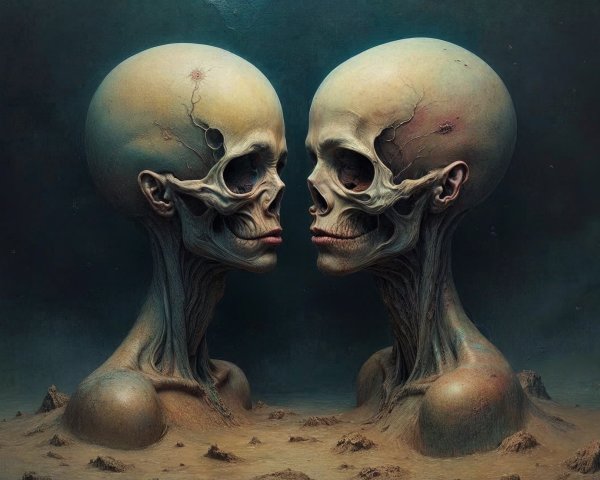 Surreal Humanoid Figures with Elongated Skulls