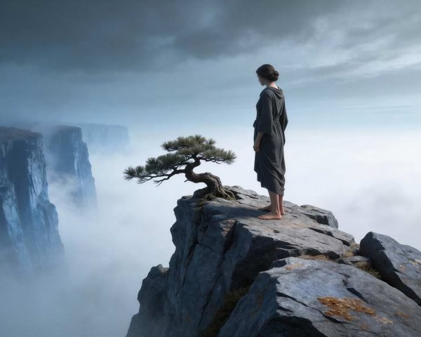Woman in Dark Robe on Misty Mountain Cliff