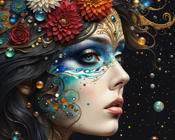Profile of a Woman with Floral and Celestial Designs