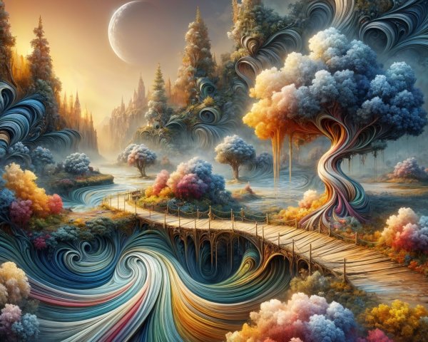 Surreal Landscape with Colorful River and Bridge
