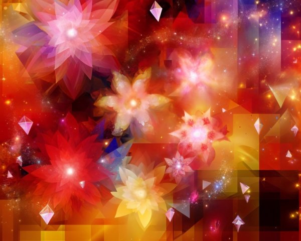 Vibrant Abstract Cosmic Composition with Geometric Flowers
