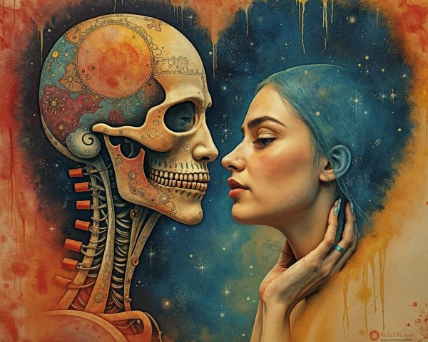 Human Skull and Young Woman Profile Juxtaposition