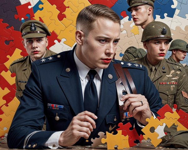 Military Officer with Puzzle Pieces and Soldiers in Formation
