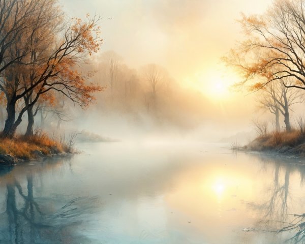 Serene Dawn Landscape with River and Mist