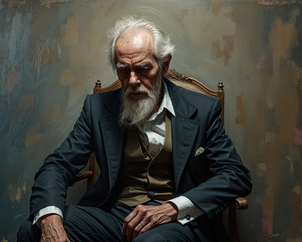 Elderly Man in Formal Attire Reflecting in a Chair