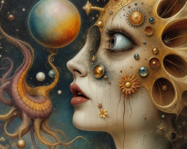 Surreal Portrait of a Woman with Celestial Motifs