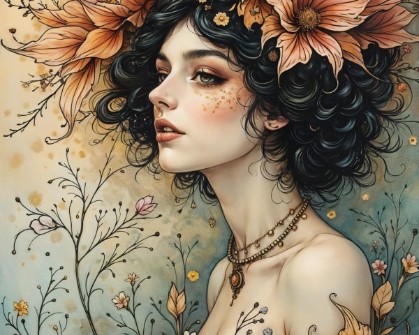 Portrait of a woman with flowers and foliage accents