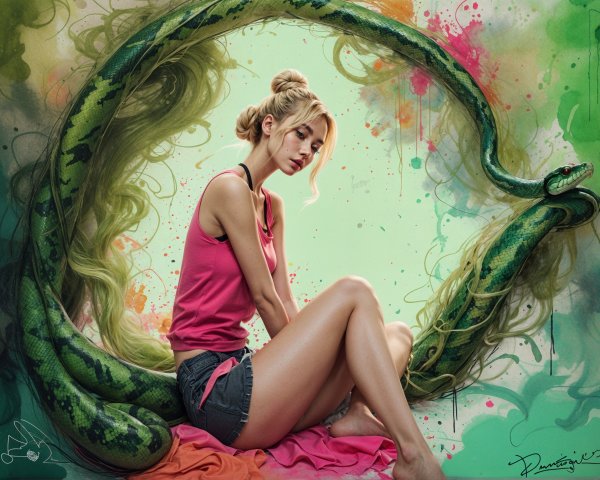 Woman in pink top with a snake on a colorful background