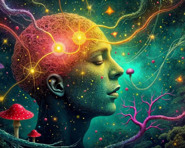 Surreal Cosmic Landscape with Human Profile and Patterns