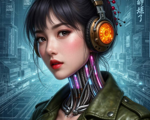 Cyborg Woman in Futuristic Cityscape Art Style