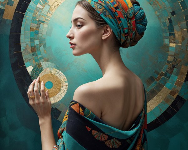 Elegant Woman in Vibrant Scarf with Artistic Background
