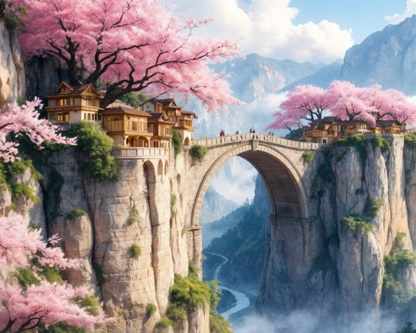 Serene Landscape with Bridge and Cherry Blossoms