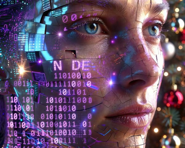 Cybernetic Human-Like Face with Blue Eyes and Binary Code