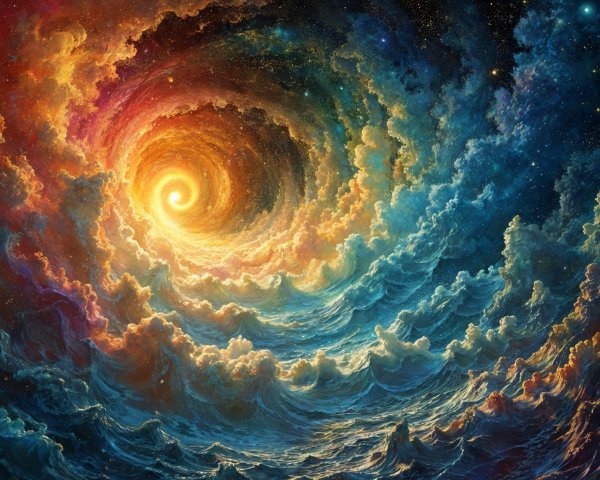 Vibrant Cosmic Scene with Swirling Colors and Waves