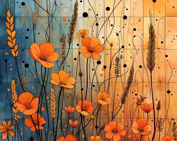Abstract Illustration of Orange Flowers and Wheat Stalks
