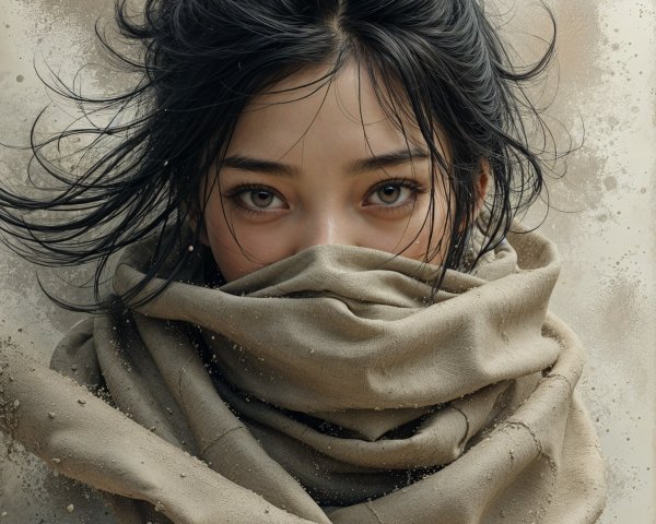 Young Woman with Expressive Eyes and Wrapped Scarf