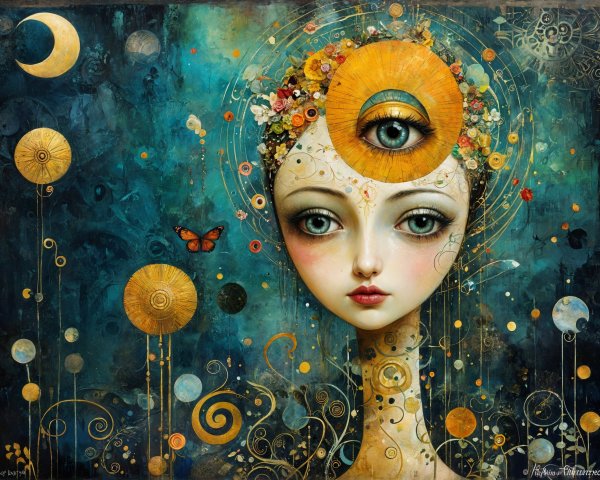 Surreal Female Figure with Third Eye and Floral Motifs