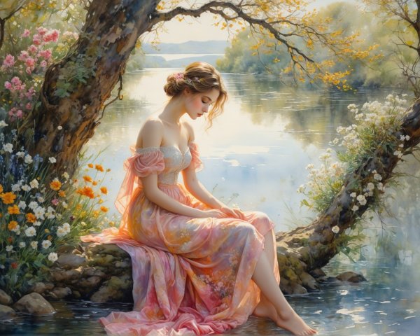 Tranquil River Scene with Woman in Pastel Gown