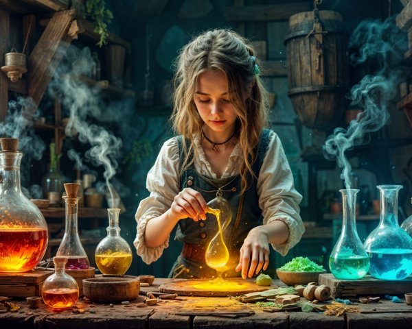 Cozy Alchemist's Workshop with Colorful Potions