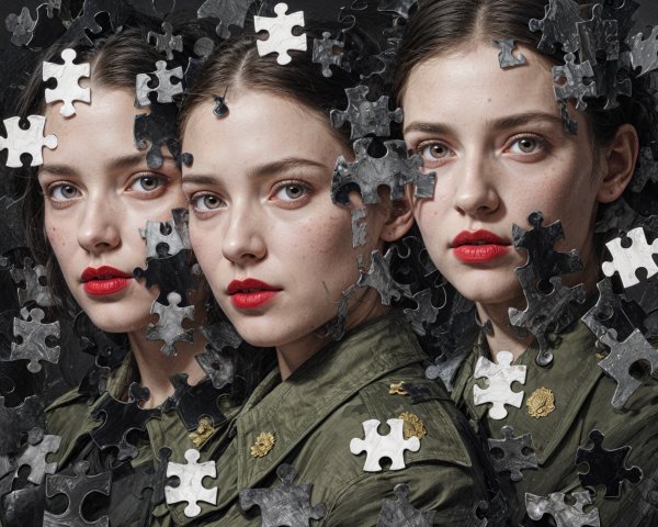 Three Identical Women in Military Jackets with Puzzle Pieces