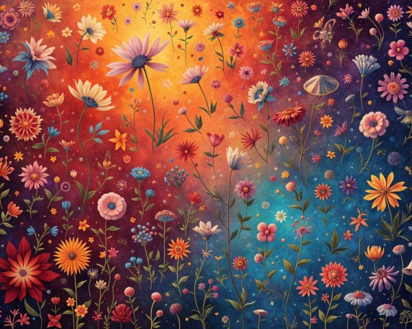 Vibrant Field of Colorful Flowers on Canvas