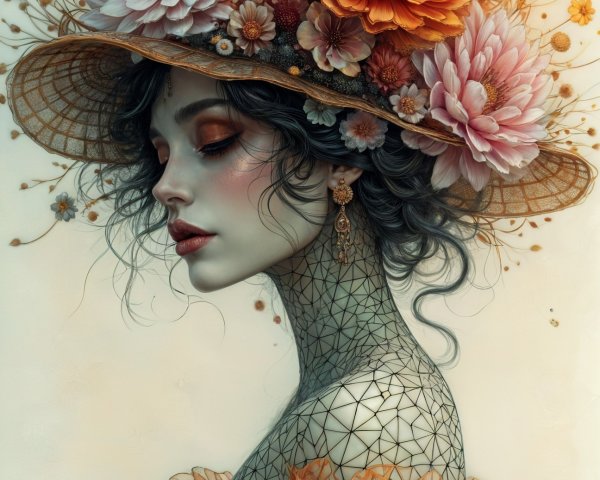 Woman in Profile with Floral Hat and Orange Gown
