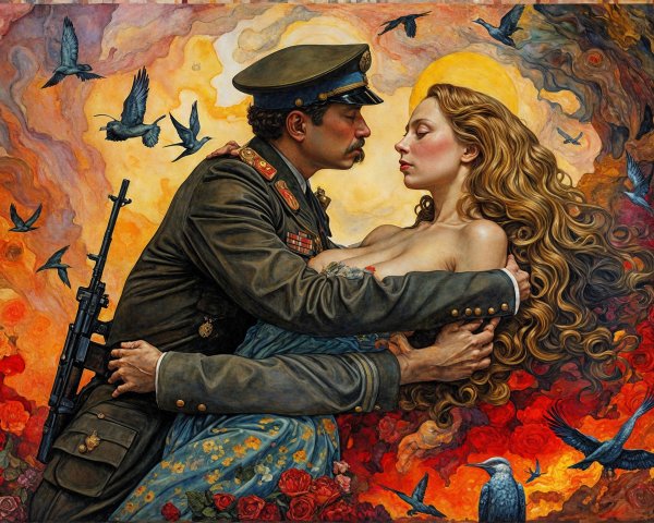 Soldier and Woman Embrace Amidst Vibrant Colors