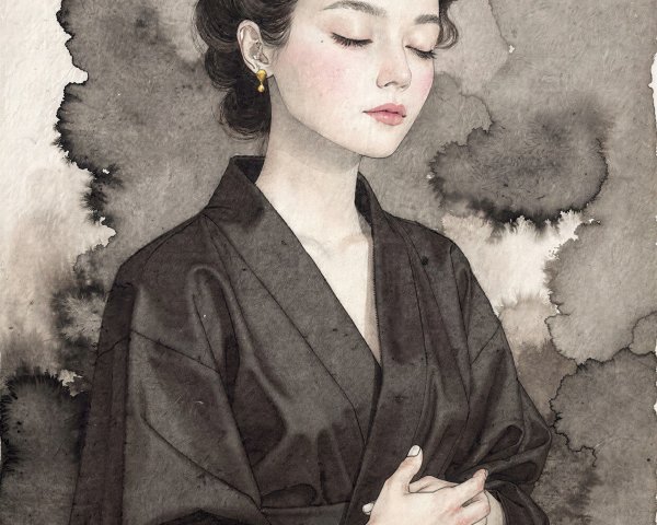 Watercolor and ink portrait of a contemplative woman