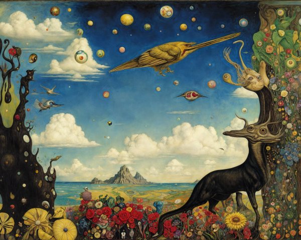 Surreal Landscape with Vibrant Colors and Fantasy Elements