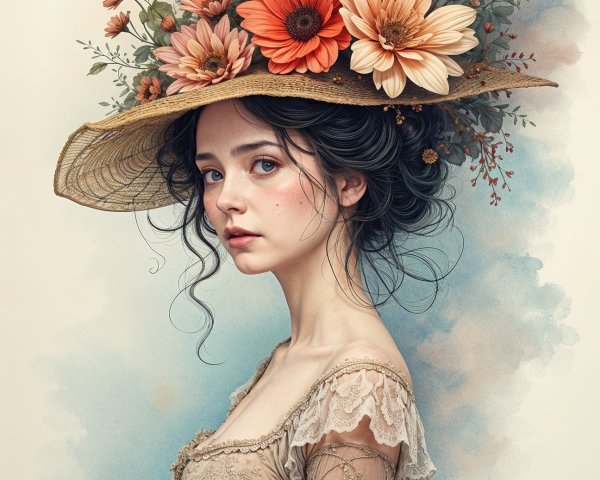 Young woman in vintage dress with decorative hat