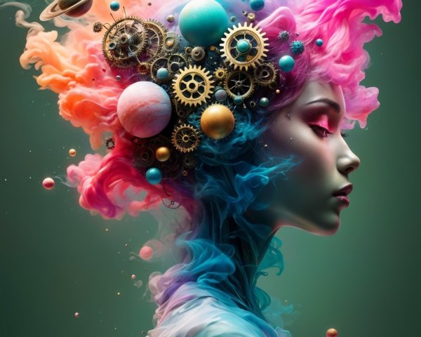 Surreal Portrait of Young Woman with Cosmic Elements