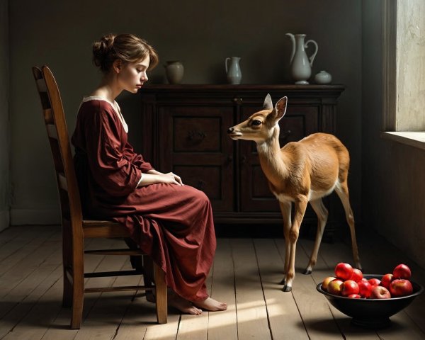 Young Woman in Red Dress with Deer in Serene Room