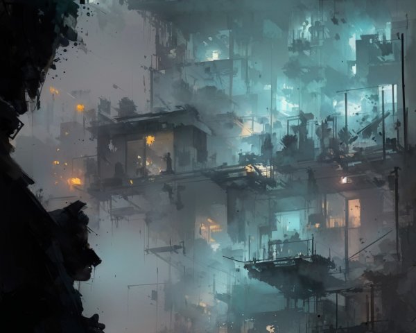 Futuristic cityscape with mist and glowing buildings
