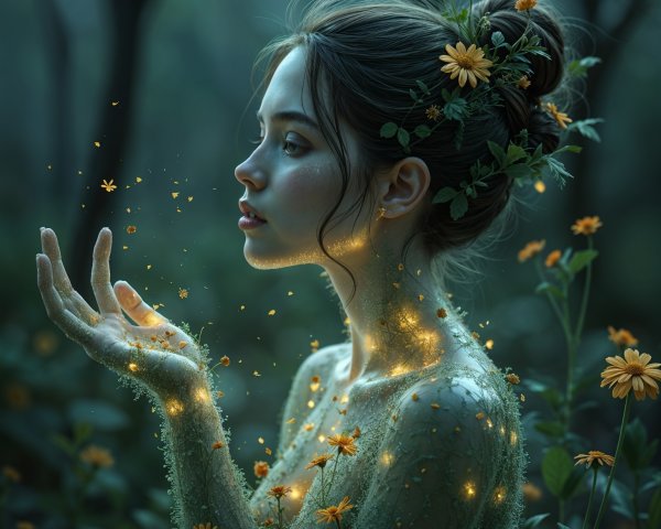 Serene woman in an ethereal forest with butterflies