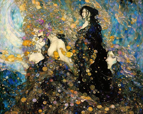 Ornate Art Nouveau Illustration of Women in Cosmic Setting