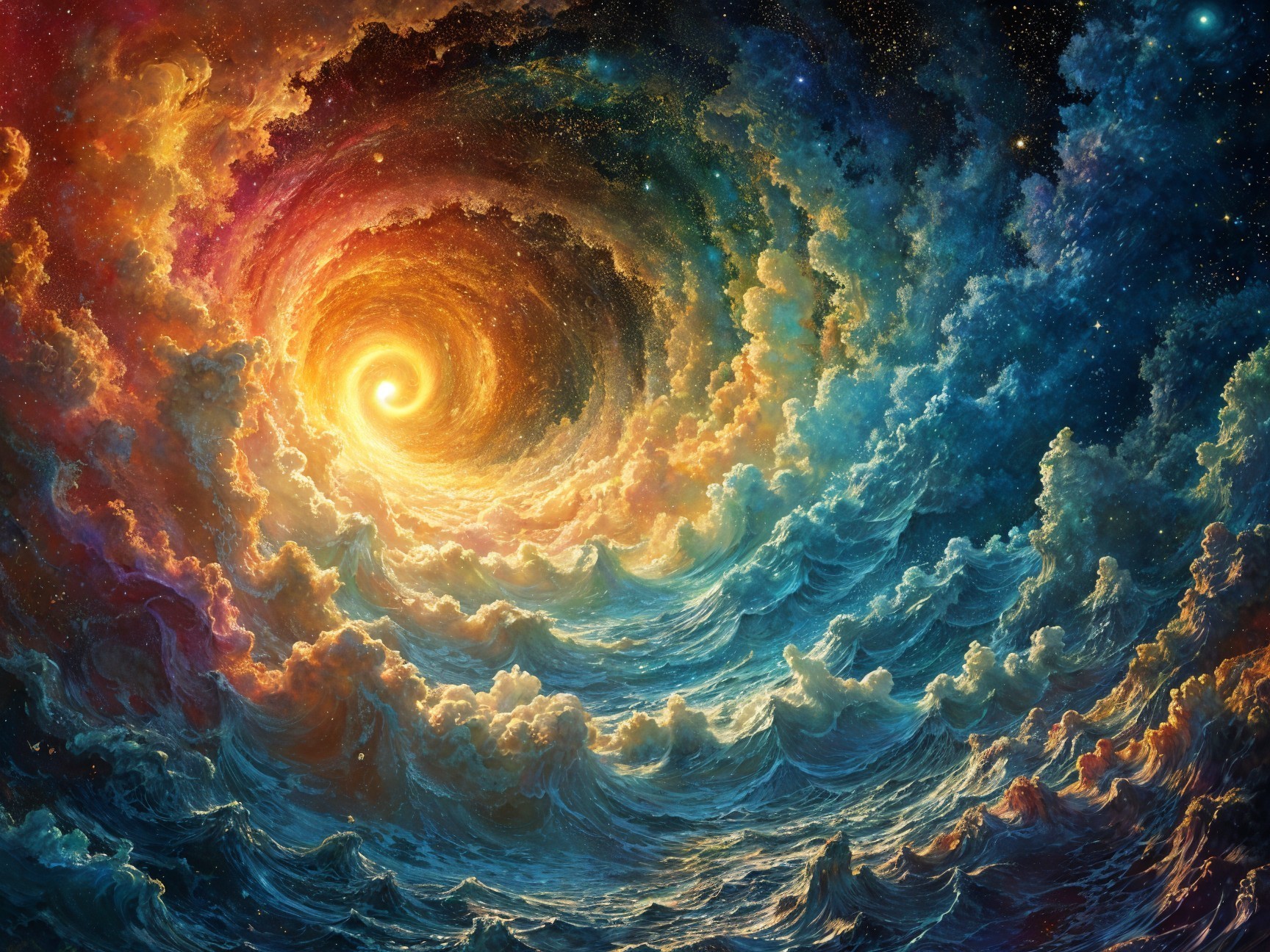 Vibrant Cosmic Scene with Swirling Colors and Waves