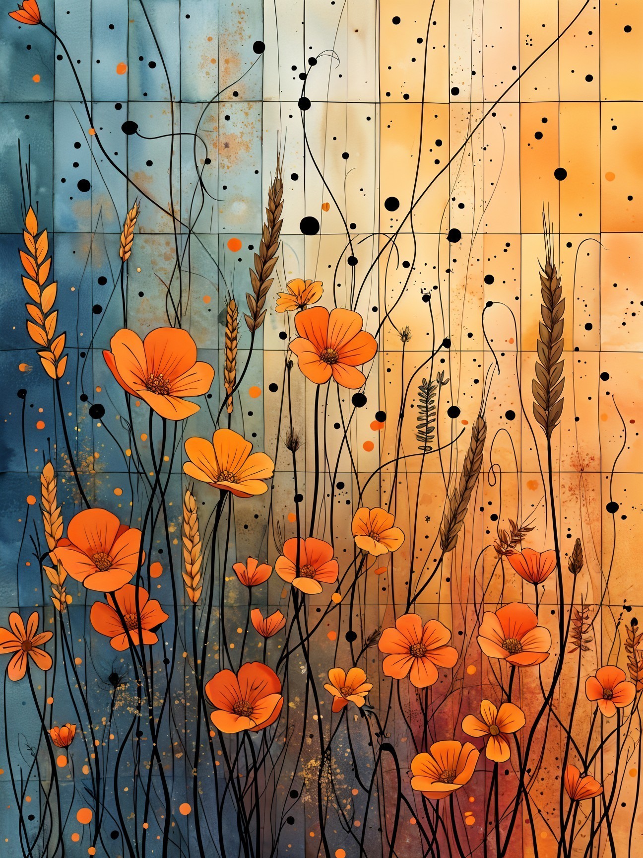 Abstract Illustration of Orange Flowers and Wheat Stalks