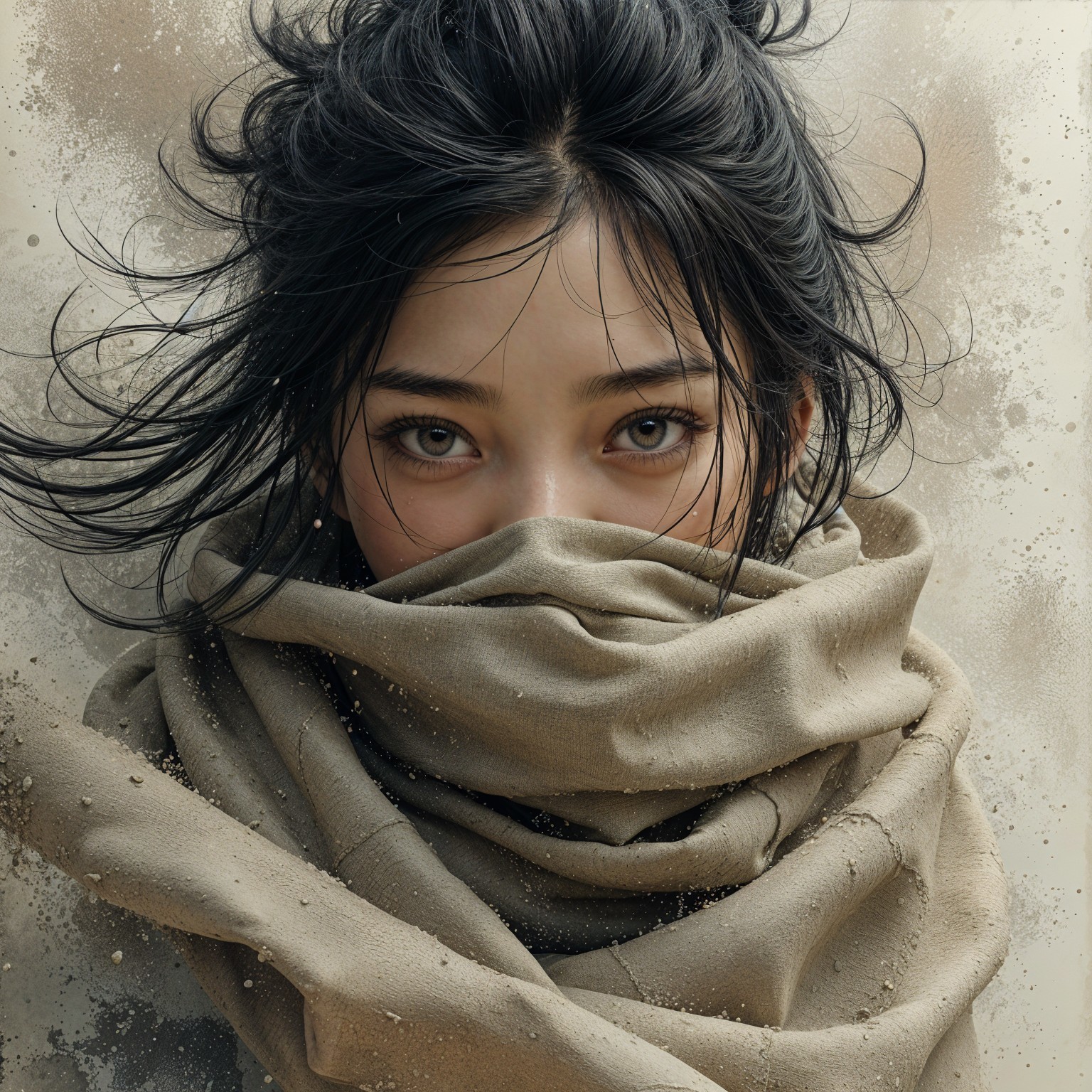 Young Woman with Expressive Eyes and Wrapped Scarf
