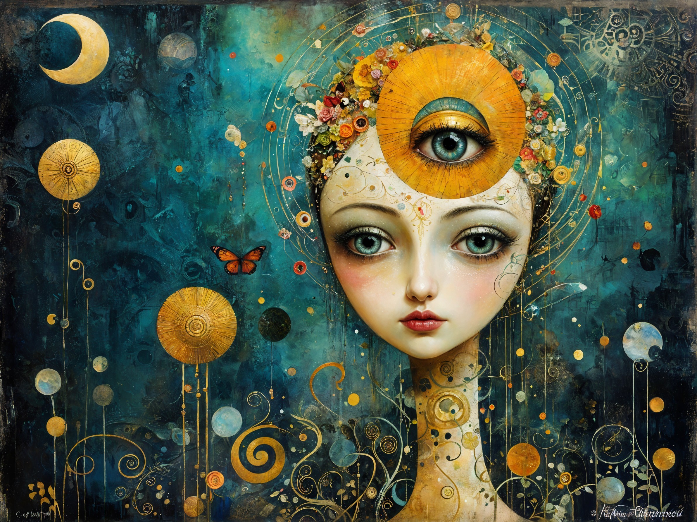 Surreal Female Figure with Third Eye and Floral Motifs