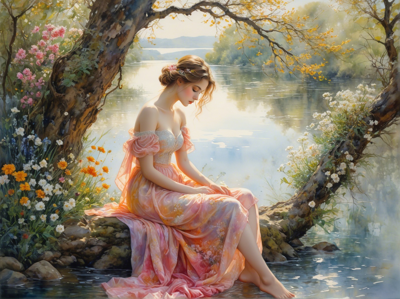 Tranquil River Scene with Woman in Pastel Gown