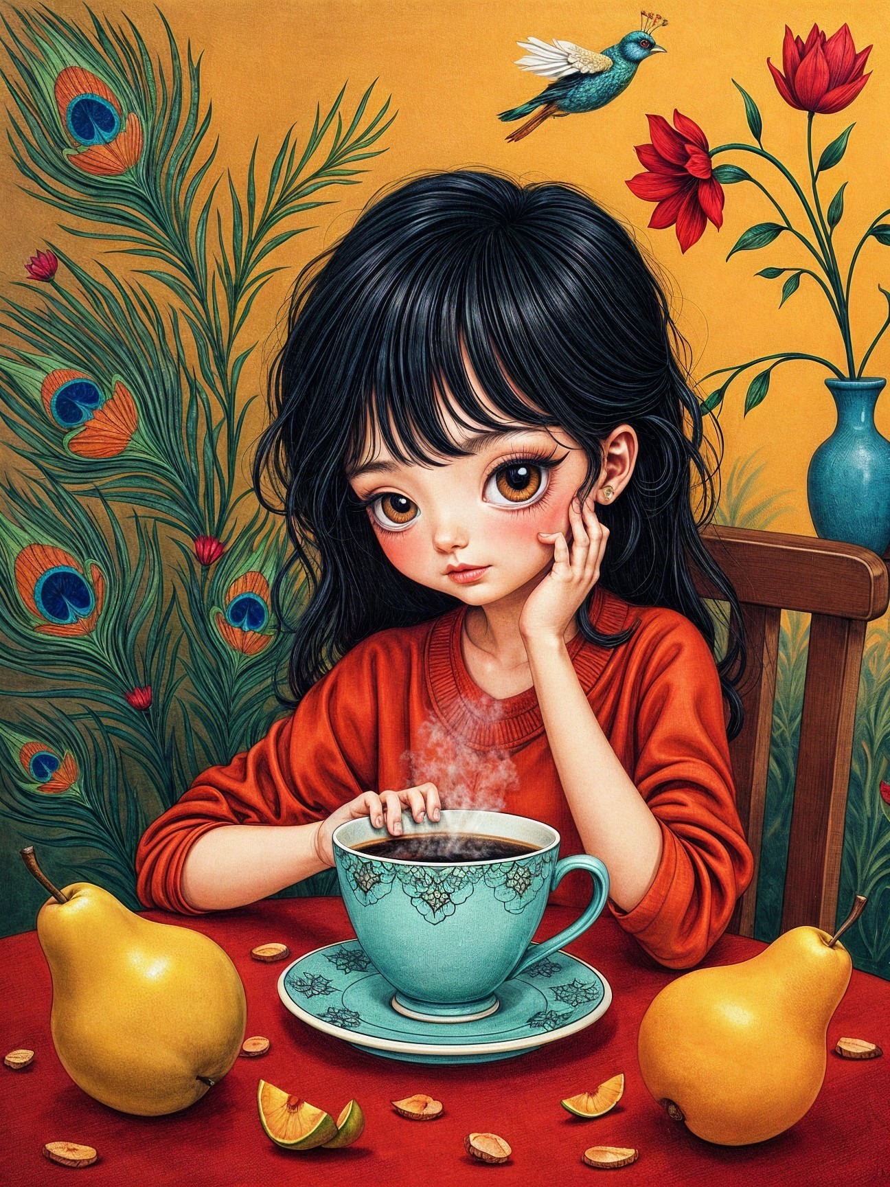 Young girl with tea at a vibrant, colorful table