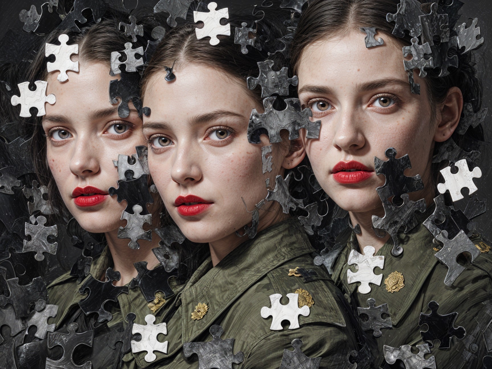 Three Identical Women in Military Jackets with Puzzle Pieces