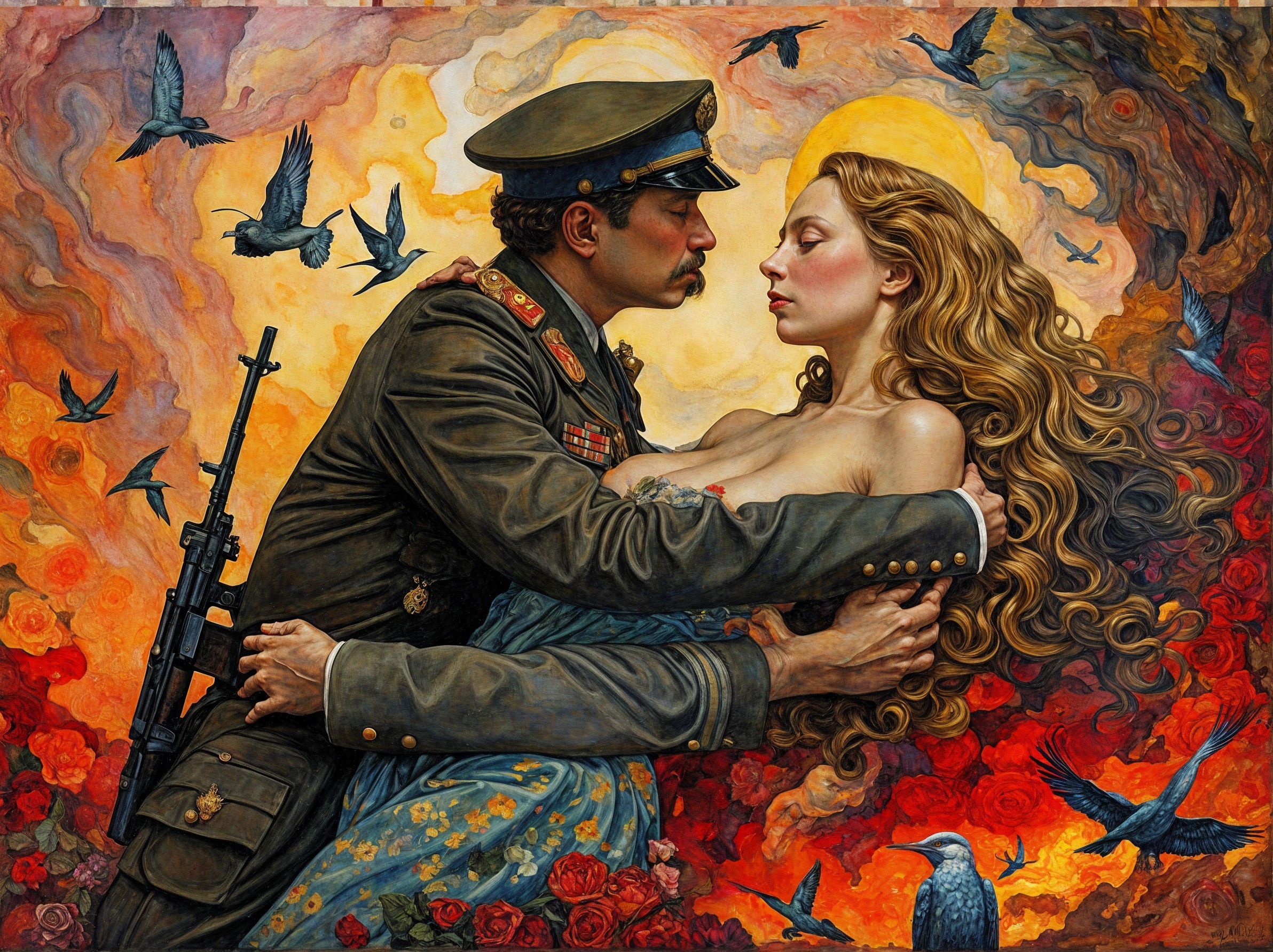 Soldier and Woman Embrace Amidst Vibrant Colors