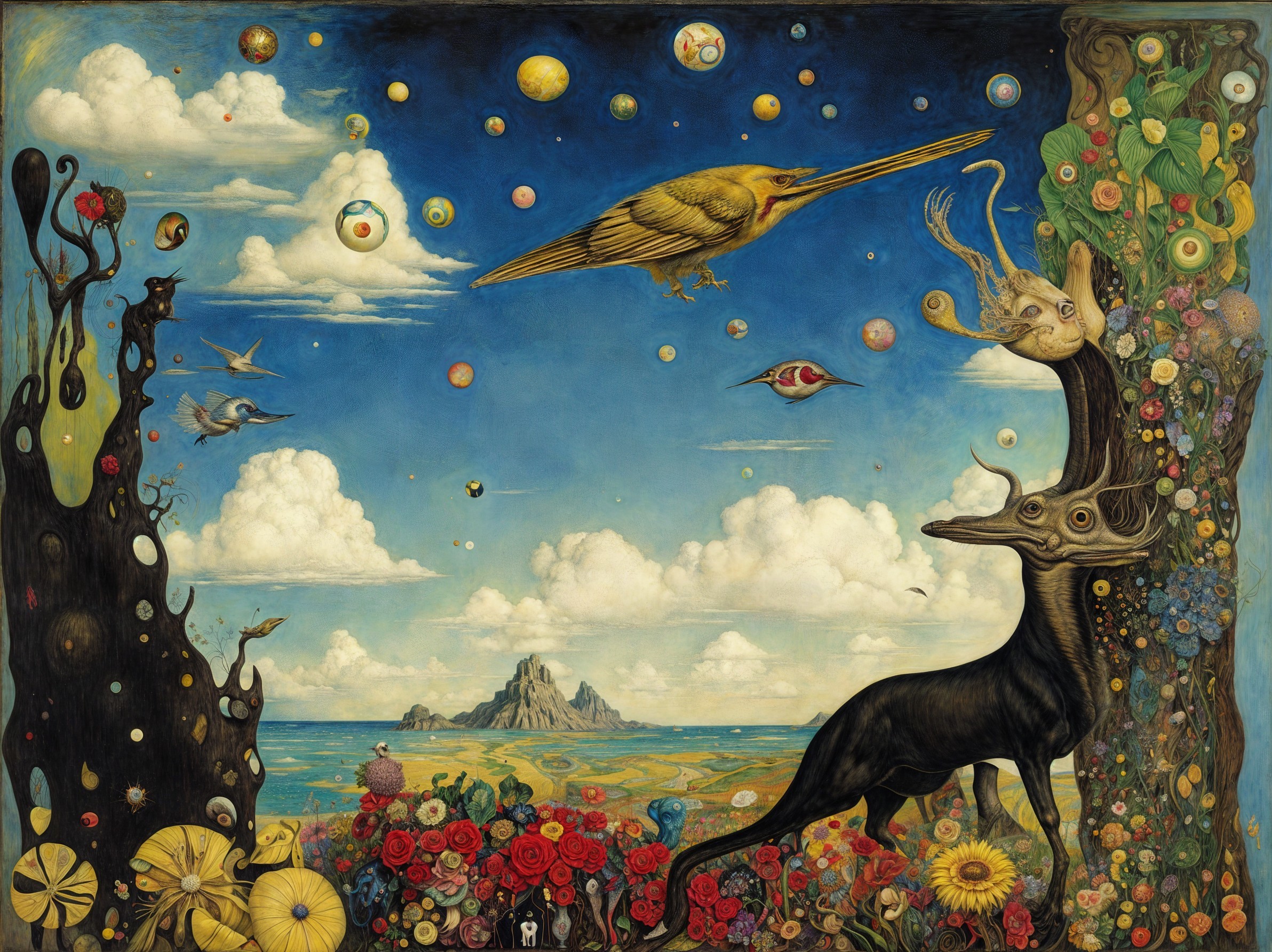 Surreal Landscape with Vibrant Colors and Fantasy Elements